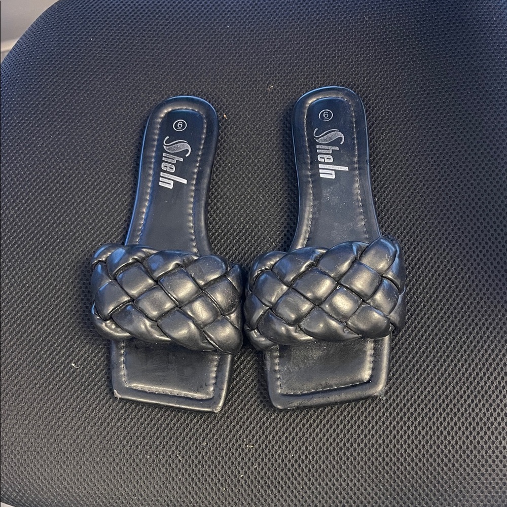 SHEIN Black Braided Square-Toe Slide Sandals